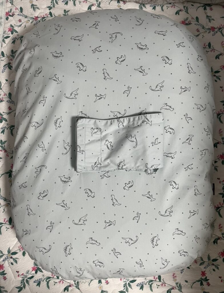 하늘색 바탕에 공룡 패턴이 그려진 역류 방지 ㅜ션