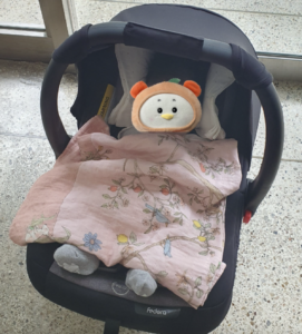 바구니 카시트 안에 아기가 누워서 이불을 덮고 있다