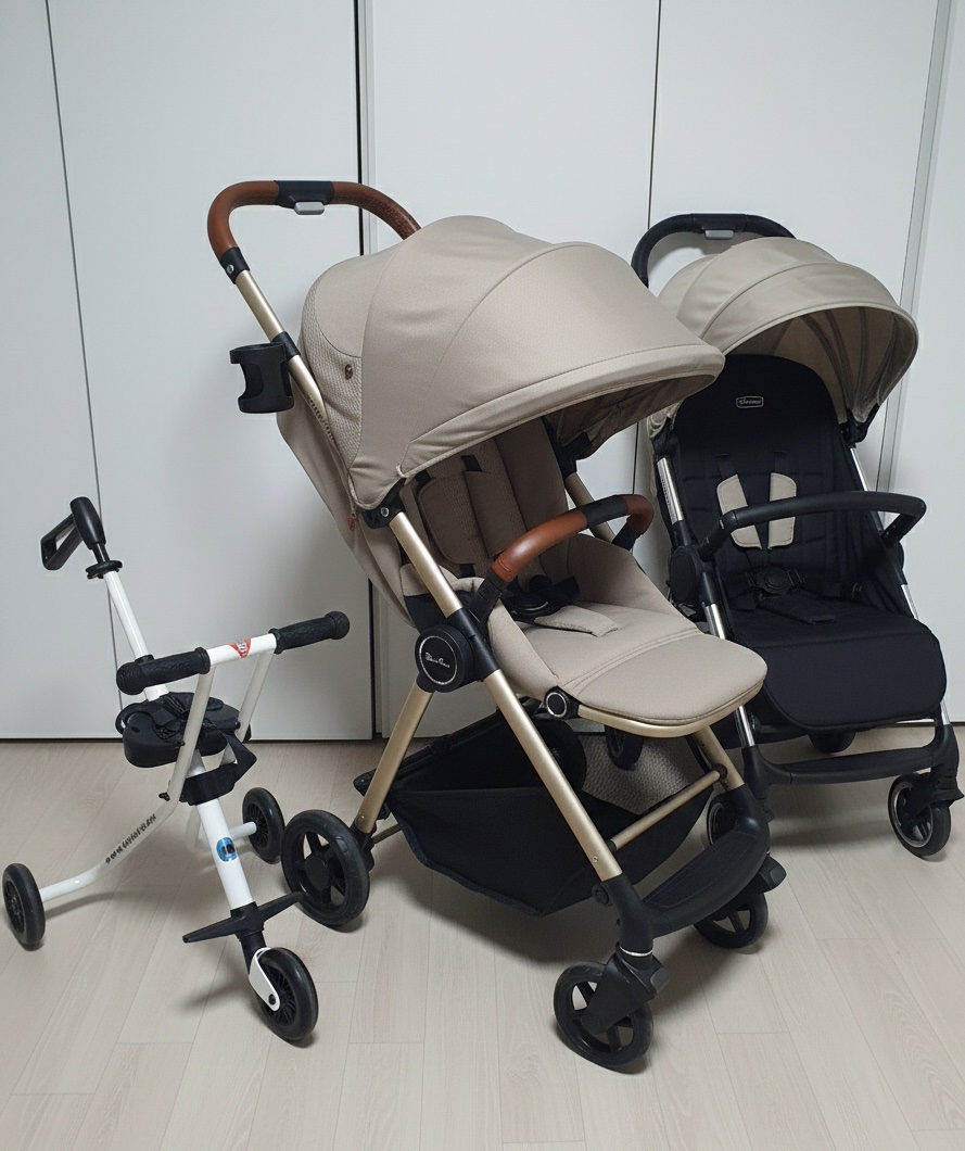 절충형, 휴대용, 트라이크 유모차 3대가 나란히 세워져 있는 모습